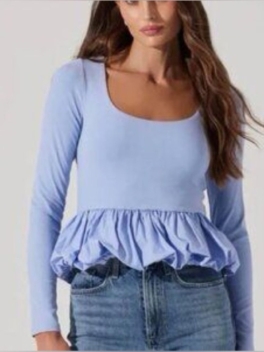 ASTR The Label Bubble Ruffle Hem Top in Periwinkle / Lavender Peplum